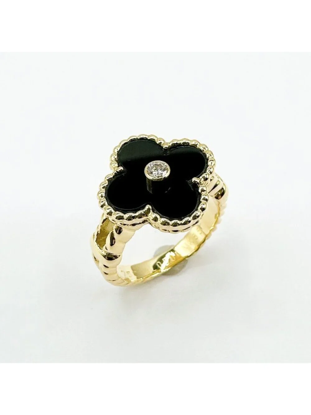 Van Cleef & Arpels Vintage Alhambra Onyx Diamond Yellow Gold Ring